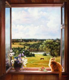 Summer, window, red cat, by Vladiir A Abat Cherkasov