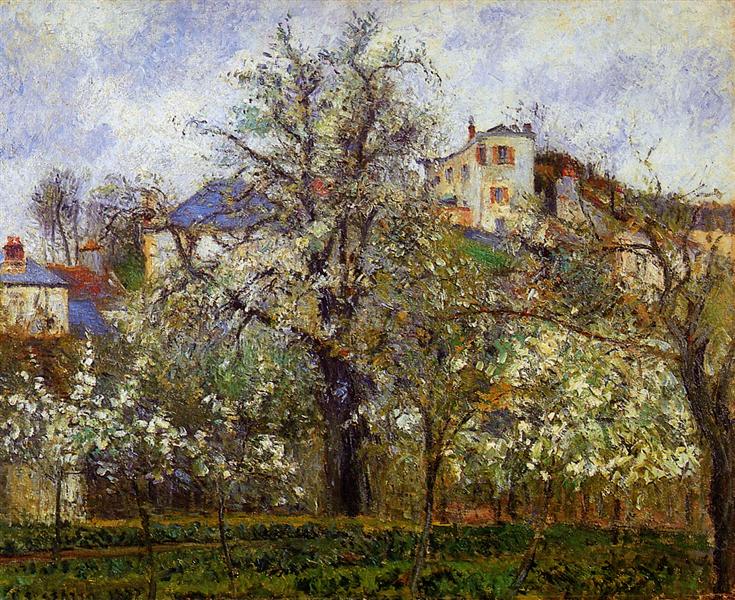 the-vegetable-garden-with-trees-in-blossom-spring-pontoise-1877-Camille-Pissarro