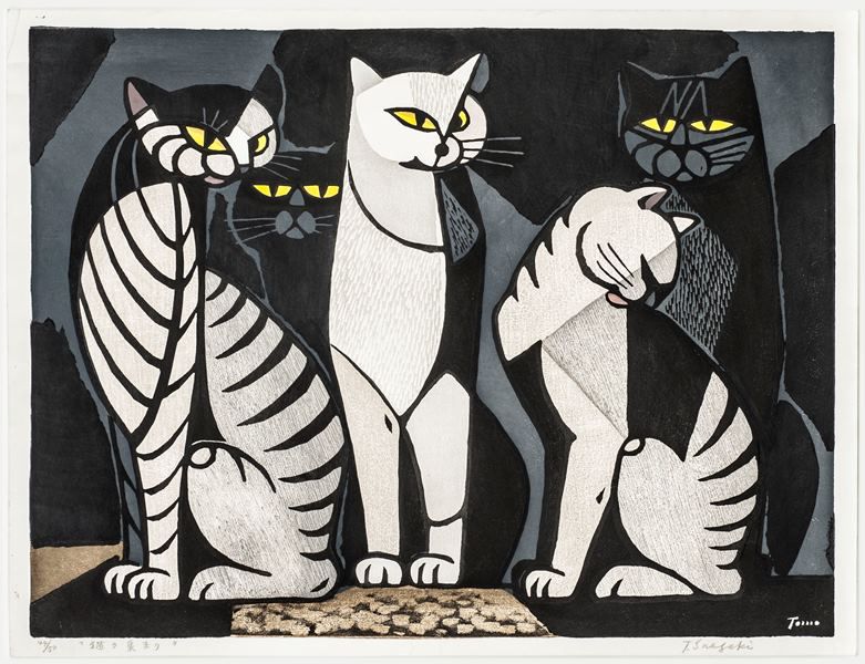 Cat Gathering (Night) by Inagaki Tomoo, 1957, color woodcut