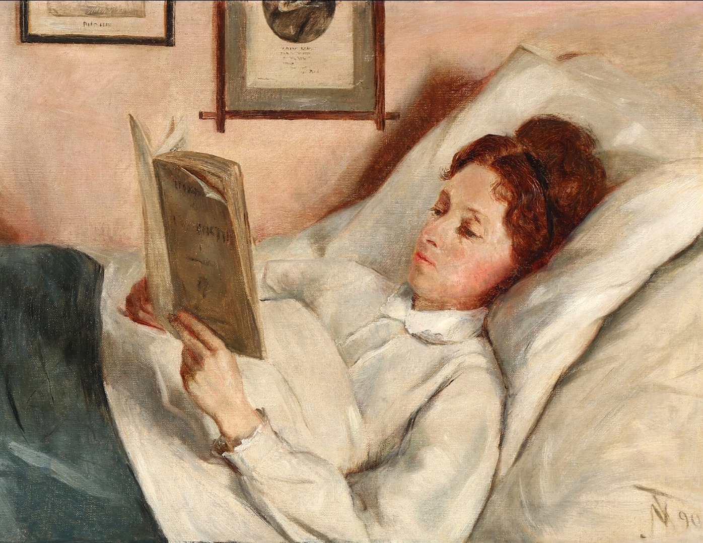 Portrait of a woman reading in bed, Nicoline Tuxon, Danish painter