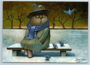 Cat in the evening on the bench birds, Paul Kulsha2