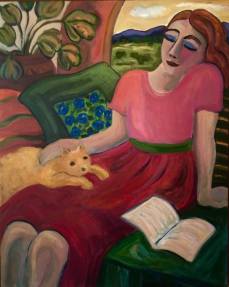 Woman with book and orange cat, Carol Keiser