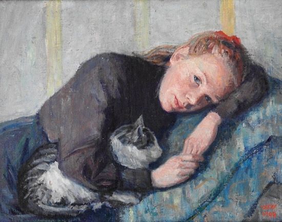 Young Woman with Cat - Wetlesen, Wilhelm 1908 Norwegian 1871-1925