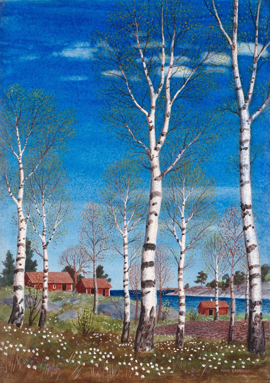 Oskar Bergman, Spring Birches and Red Cottages by the Sea