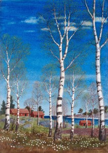 Oskar Bergman, Spring Birches and Red Cottages by the Sea