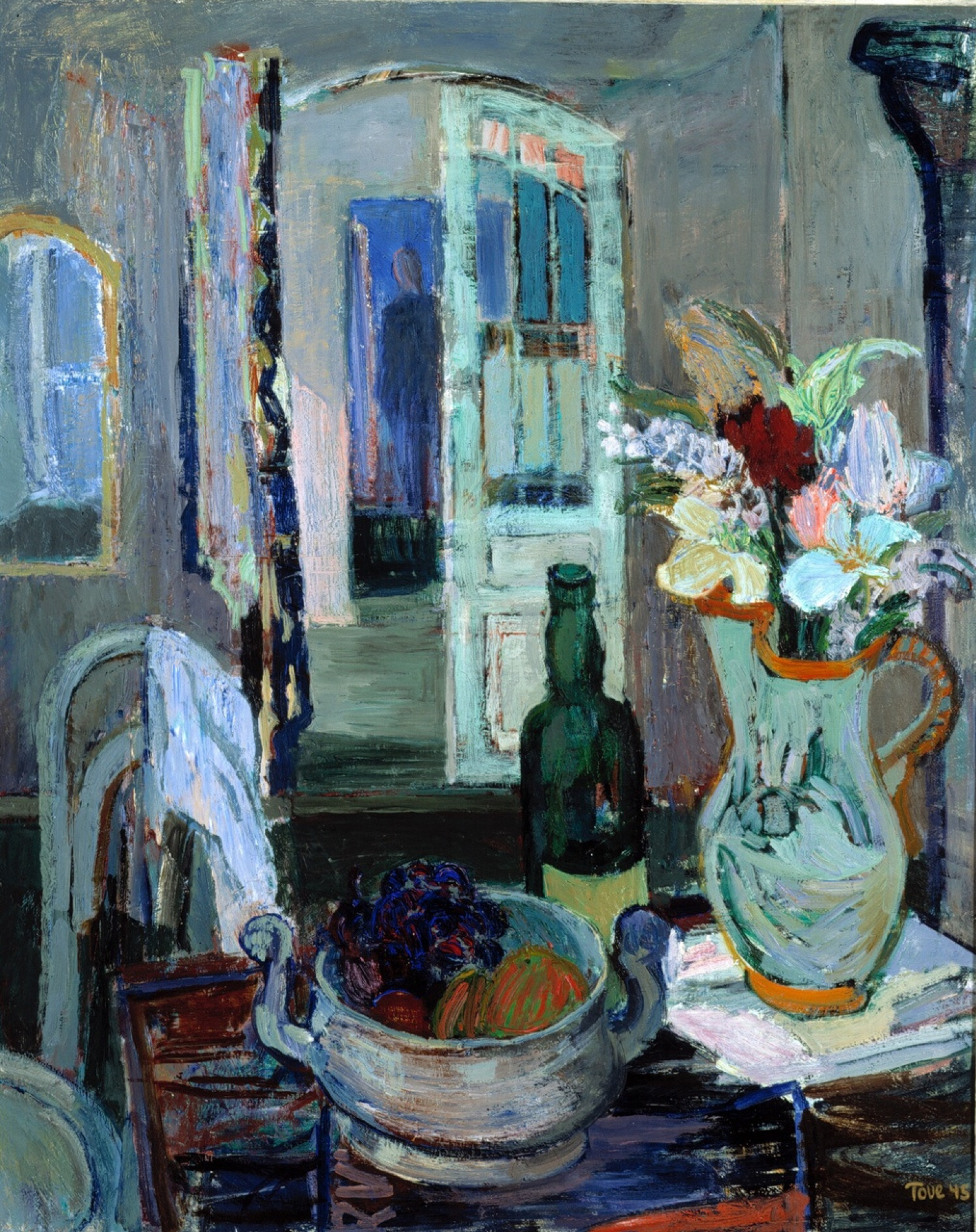 Tove Jansson, Still life with fruit and flowers on the background of an open door, 1945