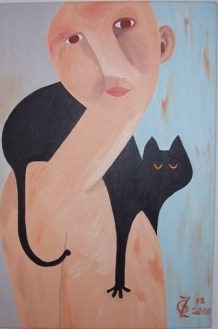Man with black cat, by Gea Zwanink