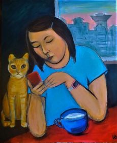 Erzhena, the cat and the mobile phone. 2020, by Indira Baldano