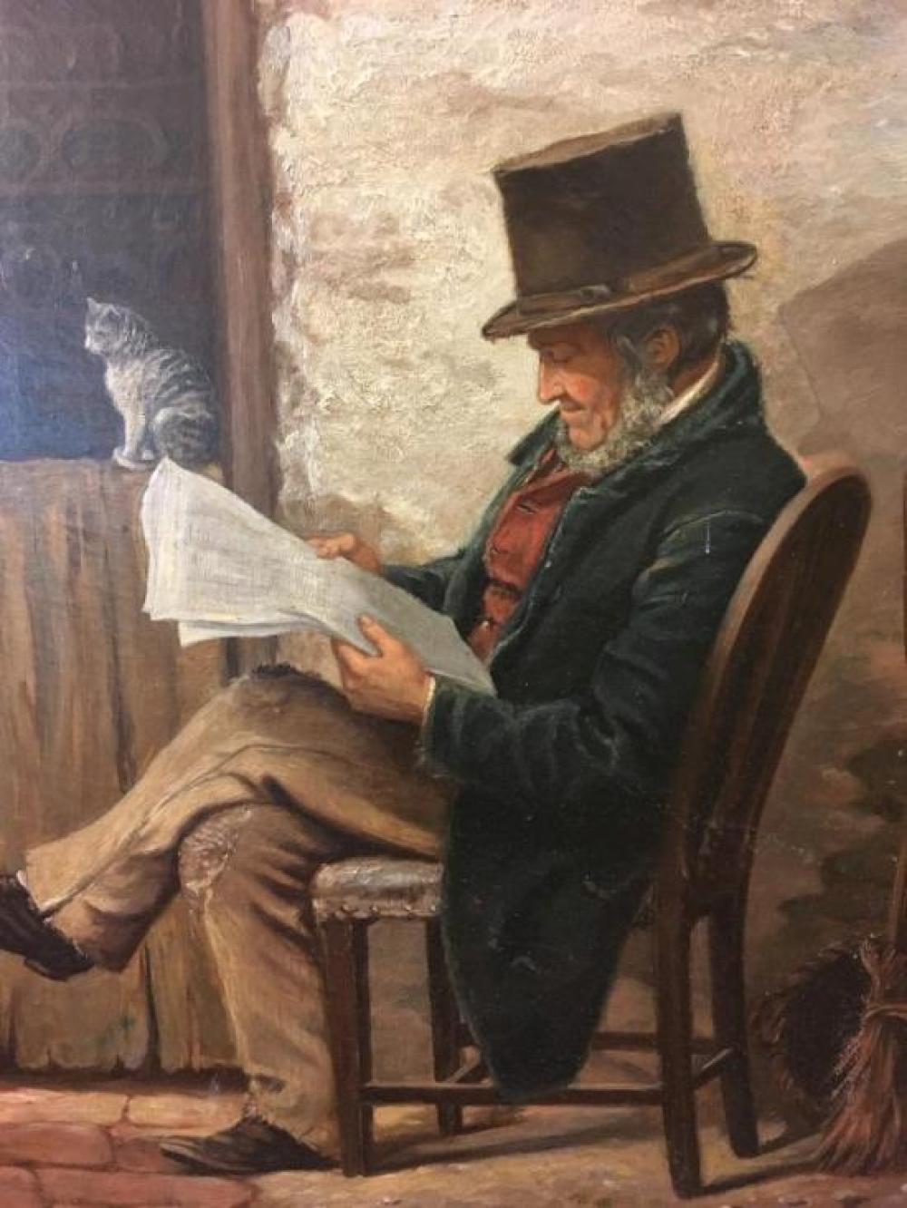 WC Mills, Gentleman in a top hat reading with his cat beside him