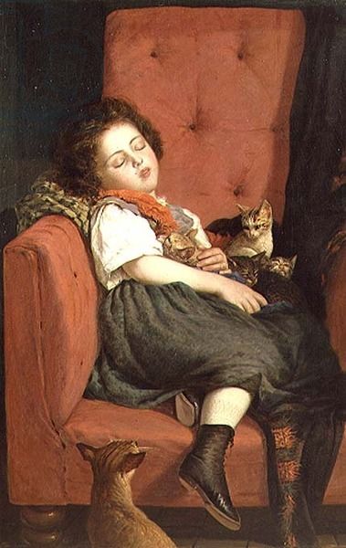 auguste-lorange-1833-1875-girl-sleeping-with-kittens-19th-century