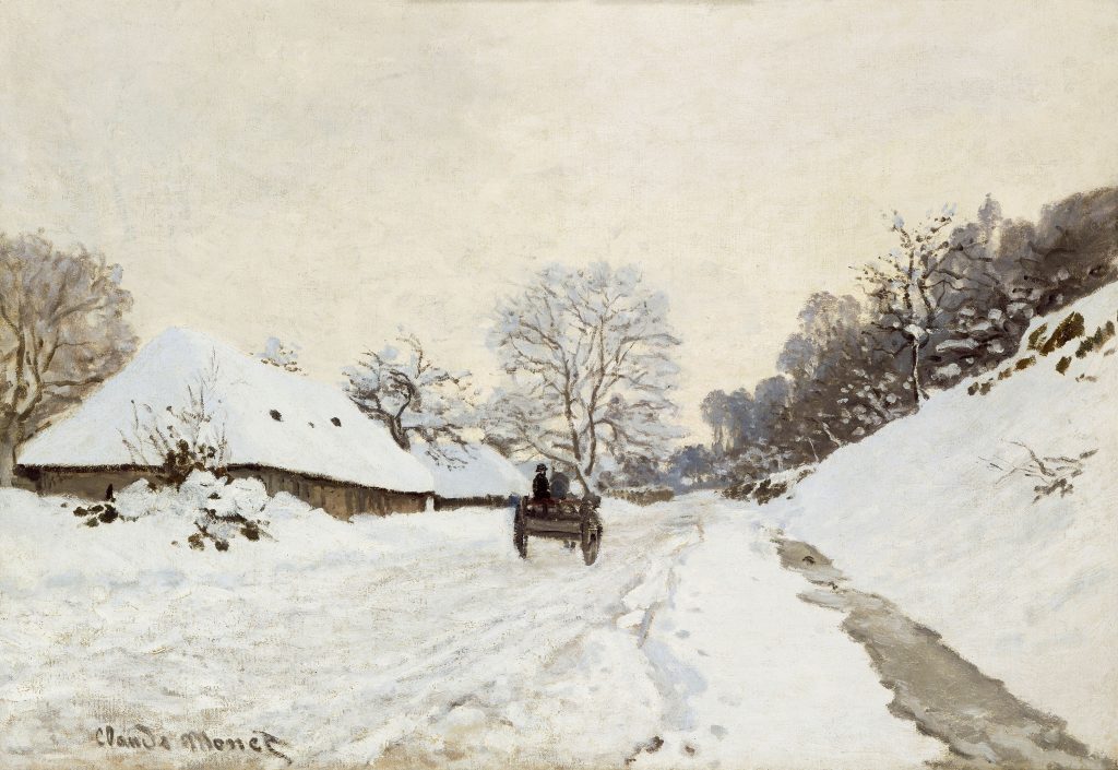 Claude Monet_A_Cart_on_the_Snowy_Road_at_Honfleur_1865_or_1867-1024x705