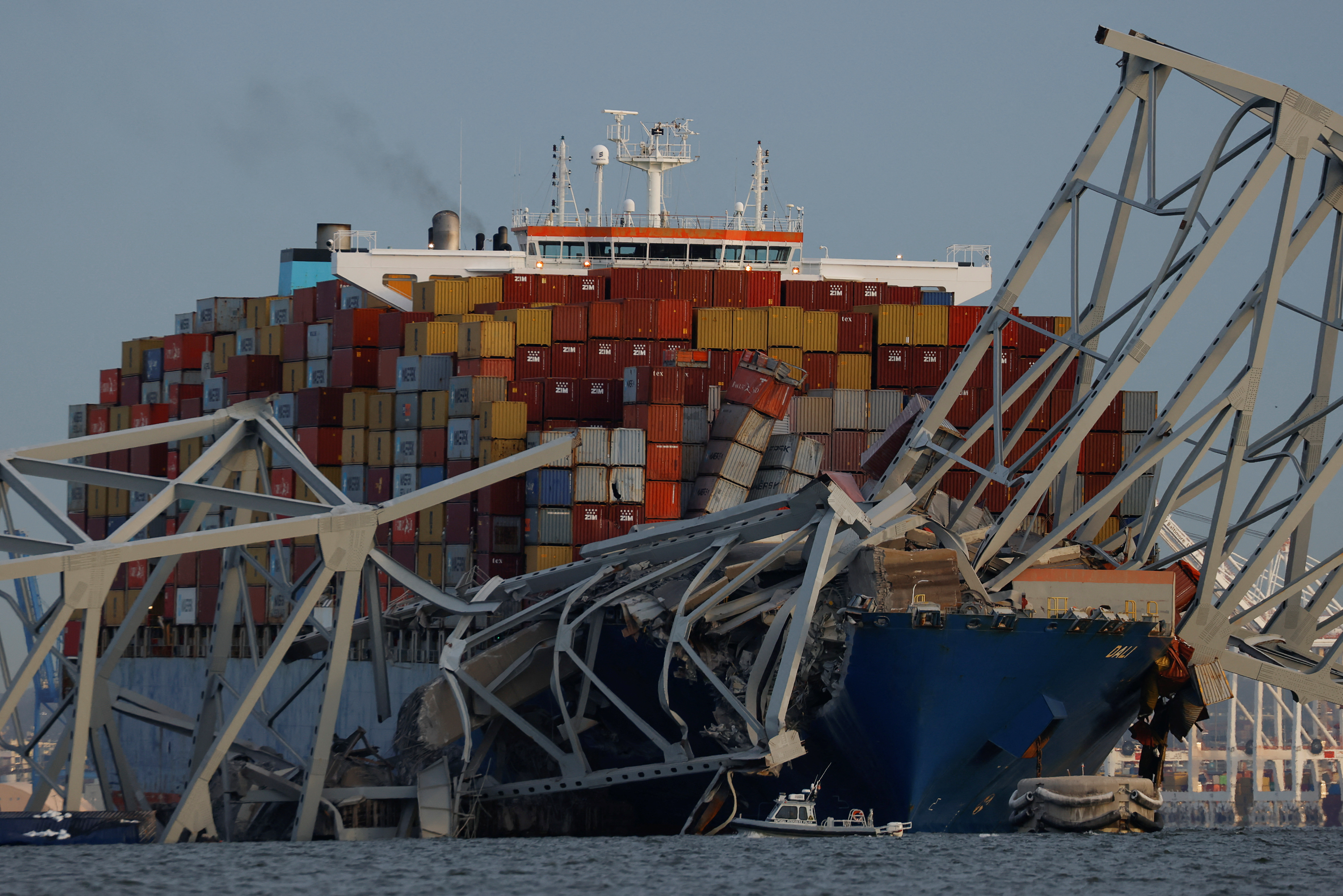 Emergency personnel work at the scene of the Francis Scott Key Bridge collapse in Baltimore