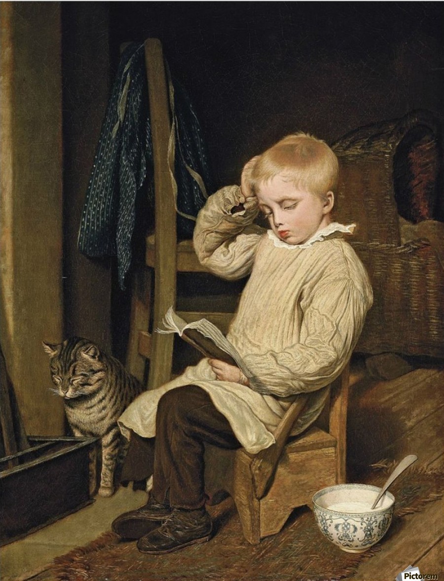 A small child reading to a cat by Emile Munier
