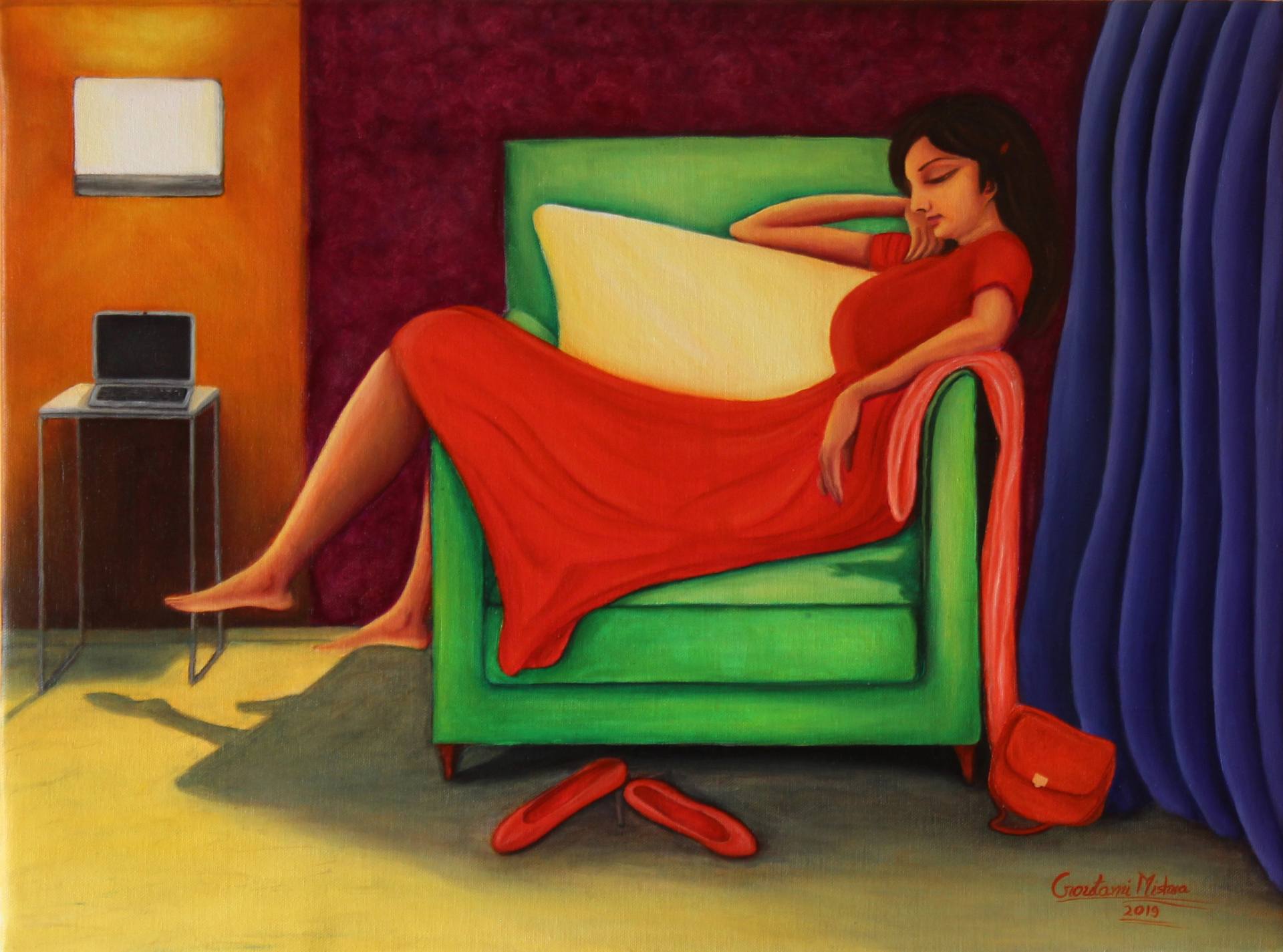 Woman in red relaxing on sofa, Goutami Mishra