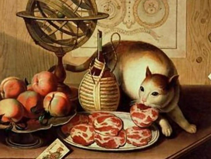 Still life with Cat. Sebastiano Lazzari, 1728