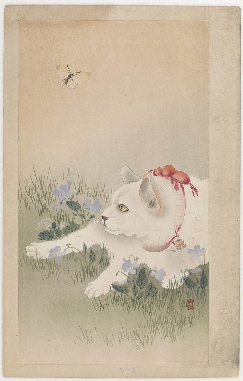 Cat and butterfly Woodblock print