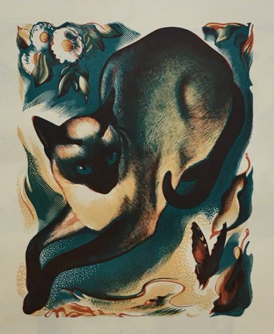 Agnes Miller Parker, Siamese Cat and Butterfly, 1950, wood engraving