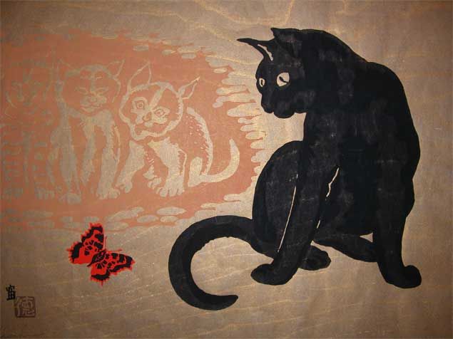 Tokuriki-Tomikichiro-Black-Cat-Three-Kittens-Butterfly