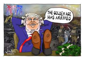 Donald Trump streched out in a desk chair saying "The Gold Age has arrived" while being encircled by piles of money, ICE agents, and bulldozers tearing everything down at the White House.