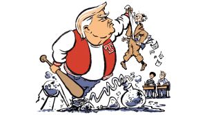 cartoon of Donald Trump as a high school jock in a varsity jacket lifts a frail teacher by the collar while holding a baseball bat. A science lab is in disarray with broken beakers, and two students watch in surprise.