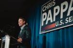 Representative Chris Pappas speaks to supporters after winning the New Hampshire Democratic Senate primary on Tuesday.Credit…John Tully for The New York Times